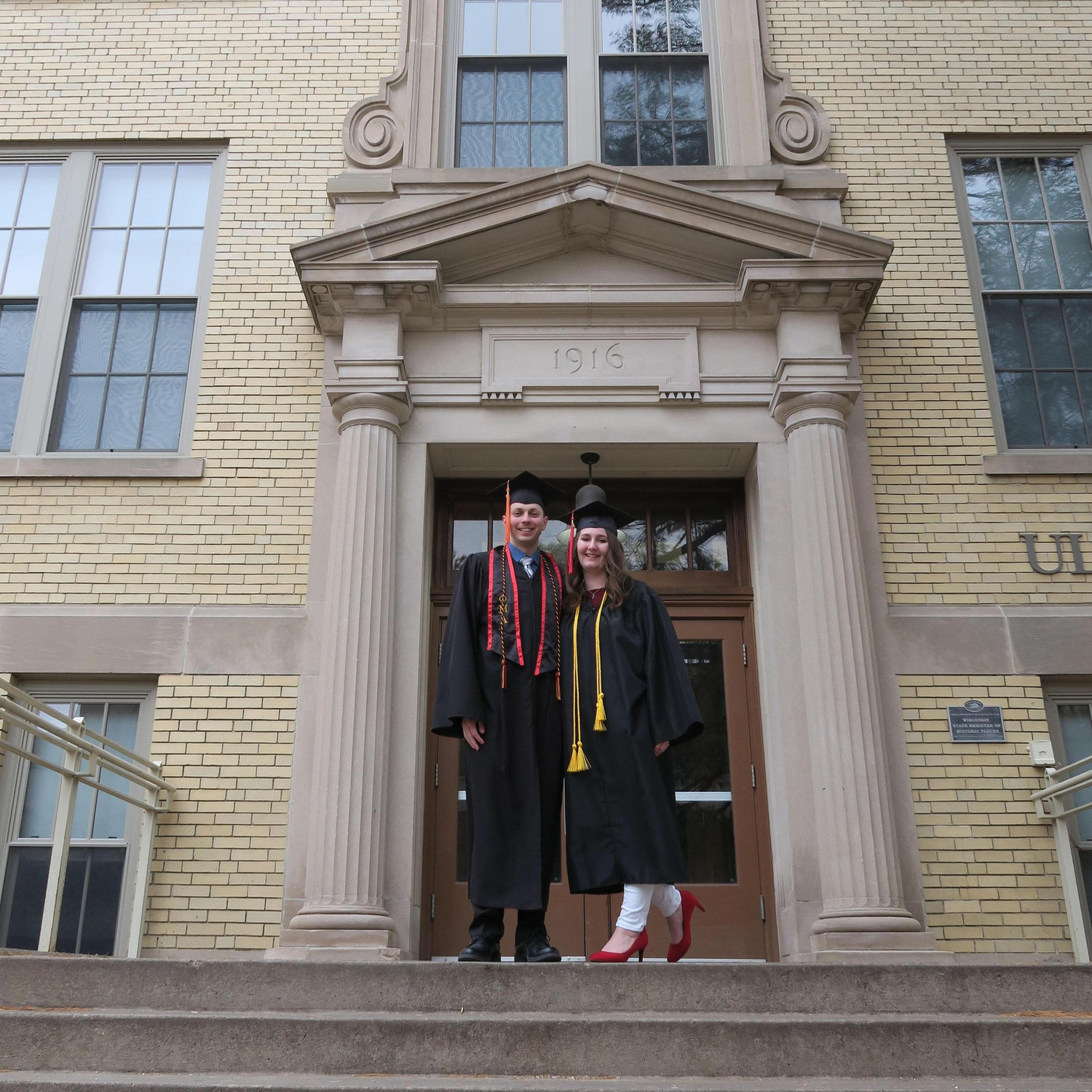 Standing outside of Ullsvik Hall on our joint graduation day from UW-Platteville, just days after our 6th anniversary. The next day we moved to Menasha - December 2019