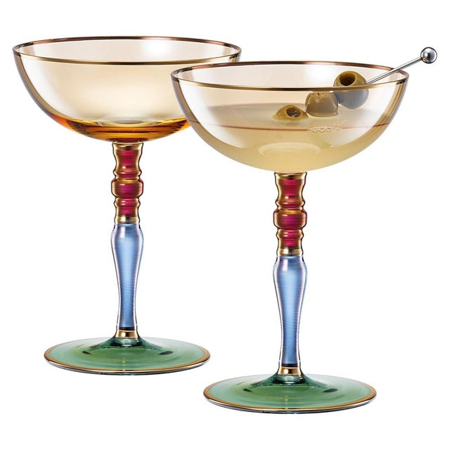 Italian Design Renaissance Amber Cocktail, Martini & Champagne Coupe Glasses (Set of 2) – 7.8oz Gilded Vintage Artisan Saucers, Elegant Wide-Bowl Multicolor Gold Rim Stemware, Weddings & Luxury Gifts