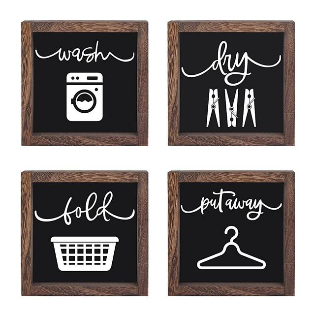 LIBWYS Laundry Sign Set of 4 Wash Dry Fold Put Away Decorative Rustic Handmade Wood Farmhouse Laundry Room Wall Decor (Black)