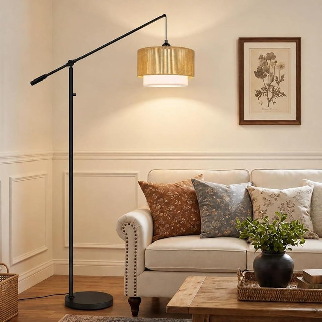 【Upgraded】Boho Dimmable Floor Lamps with Adjustable Swing Arm, 1100 Lumens Bulb Included, Modern Arc Standing Lamp with Rattan & Fabric Shades, Farmhouse Tall Floor Lamp for Living Room Bedroom, Black