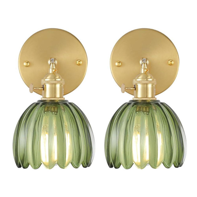 Shenmoyl Vintage Wall Sconces Set of 2 with Green Tulip Glass Lampshade 180 Degree Adjustable Brass Sconces Modern Wall Lighting Fixture with Switch for Bedside Bedroom Doorway