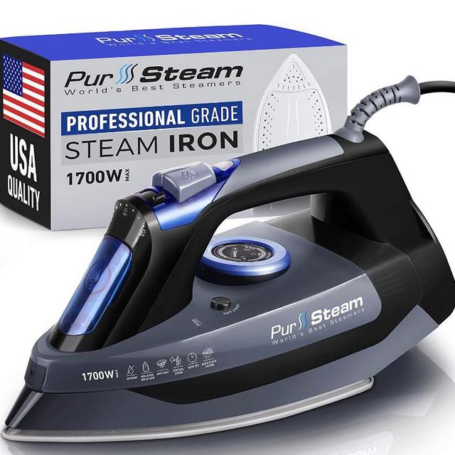 Professional Grade 1700W Steam Iron for Clothes with Rapid Even Heat Scratch Resistant Stainless Steel Sole Plate, True Position Axial Aligned Steam Holes, Self-Cleaning Function