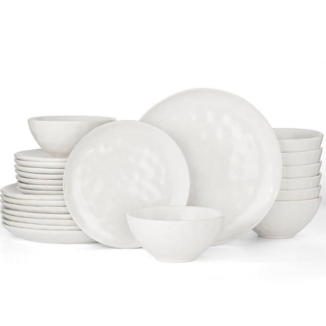 Famiware Dinnerware Sets for 8, Ocean Round 24-Piece Kitchen Plates and Bowls Sets, Microwave and Dishwasher Safe, Scratch Resistant, Matte White