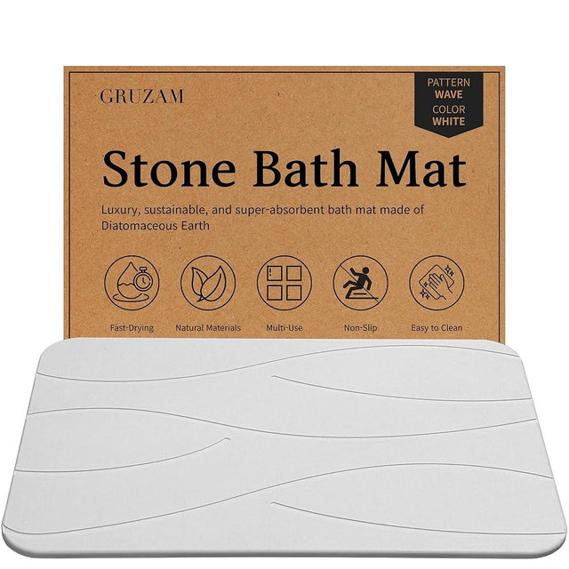 Stone Bath Mat Diatomaceous Earth Shower Mat Non-Slip Super Absorbent Diatomite Stone Bath Mats for Bathroom Floor Quick Drying Natural Easy to Clean(Dark Gray, 23.6''×15.4") (Wave-White)