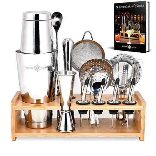 Pro Cocktail Shaker Set by WinterCastle-The 18 piece Ultimate Bartender Kit: Boston Shaker, Jigger, Muddler, Bar Spoon, 3 Strainers, 4 Liquor Pourers with Caps, Tongs, Bamboo Stand, FREE Recipe EBook