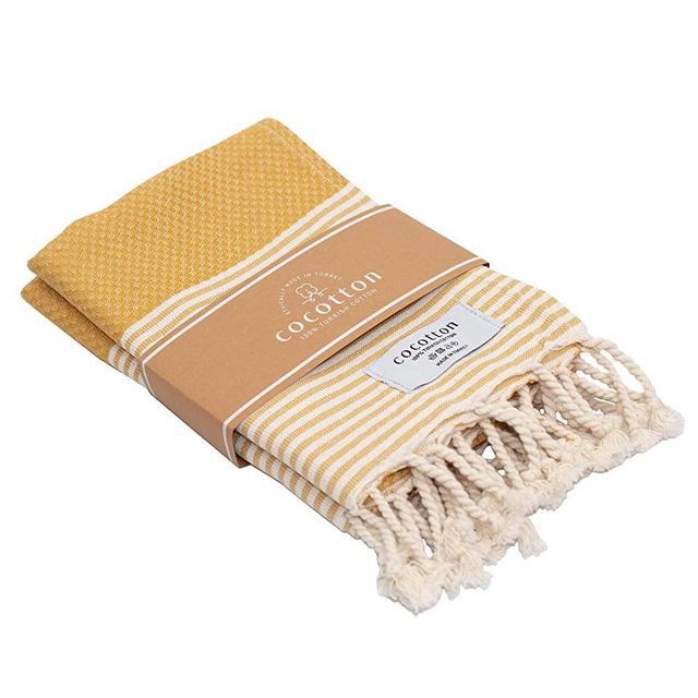 COCOTTON Boho Striped Turkish Hand Towels Set of 2 | 100% Cotton, 16 x 40 Inches | Decorative Bathroom Hand Hair Face Gym Yoga Dishcloth Tea Kitchen Light Weight Quick Dry Farmhouse Towel (Mustard)