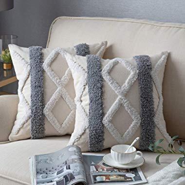 DEZENE Decorative Throw Pillow Covers for Couch Sofa Bed, 2 Pack 100% Cotton Square Pillow Cases, Woven Tufted Pillowcases, Accent Boho Cushion Covers for Farmhouse, Kids, 18 x 18 Inch