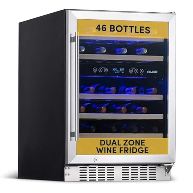 NewAir 24" Dual Zone Wine Fridge for 46 Bottles | Built-In or Freestanding Wine Cooler Refrigerator with Glass Door | Digital Controls & Quiet Compressor Cooling | Stainless Steel