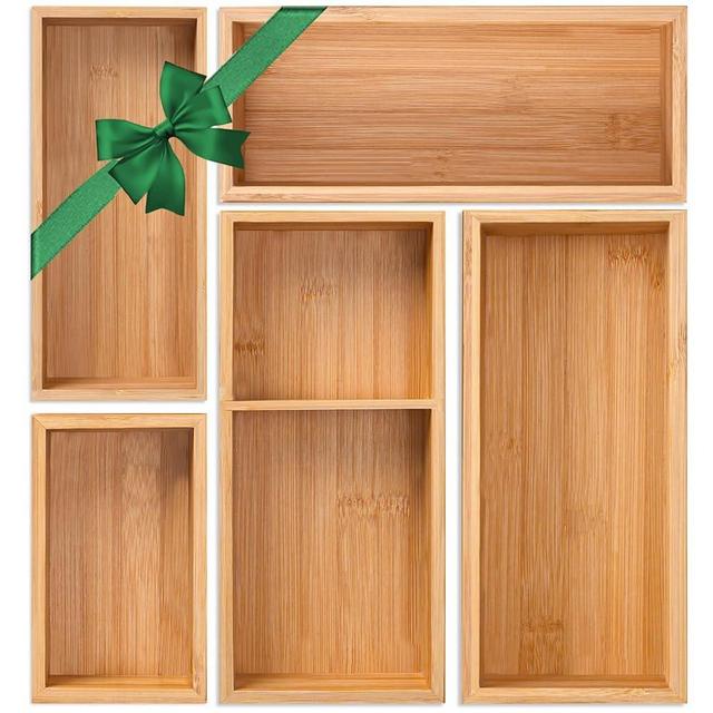 Bamboo Drawer Organizer 5 Pcs for Kitchen Multi-purpose Storage Dividers for Kitchen, Office, Jewelry, Cosmetics, Wooden Drawer Dividers for Drawer Organizer Desk Organizer Gift for Women Gifts Idea