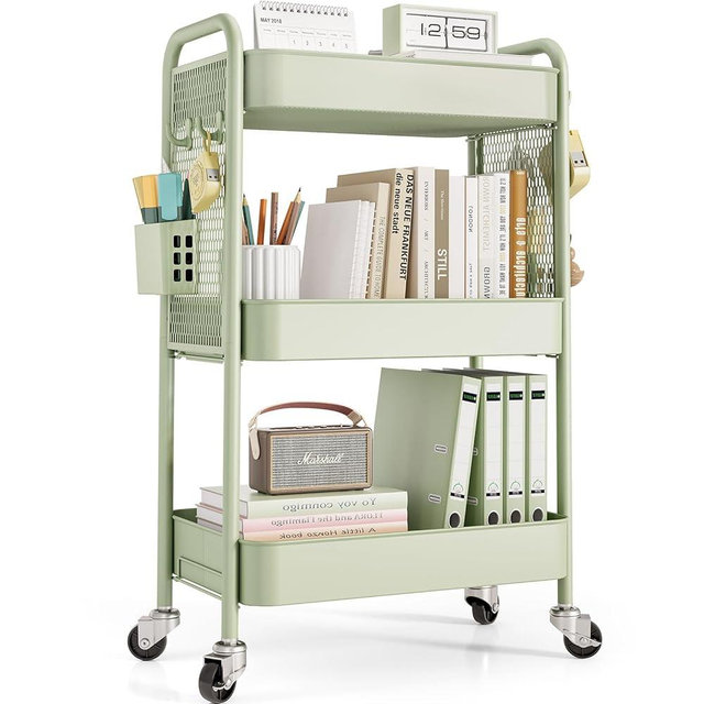 TOOLF 3 Tier Rolling Cart Storage Organizer, Metal Rolling Utility Cart with Wheels, Hooks & Bins Esthetician Craft Art Sturdy Storage with Pegboard for Bathroom, Kitchen, Office, Nursery Diaper