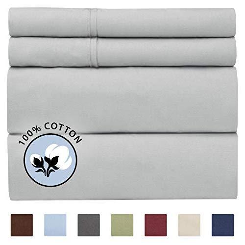100% Cotton Queen Sheets Light Grey (4pc) Silky Smooth, Cooling 400 Thread Count Long Staple Combed Cotton Queen Sheet Set – 400TC High Thread Count Queen Sheets - Queen Bed Sheets All Cotton