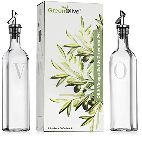GreenOlive Olive Oil and Vinegar Dispenser Set - 17 oz. No Drip BPA Free Spout, Olive Oil Bottle For Kitchen Cruet Set