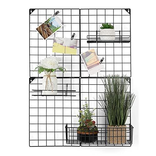 NEX Grid Photo Wall, Grid Panel for Photo Hanging Display, Multifunctional Metal Mesh Wall DIY Decor Storage Organizer, 3 Wire Baskets, 20 Iron Clips, 32.68'' x 23.82'', Black