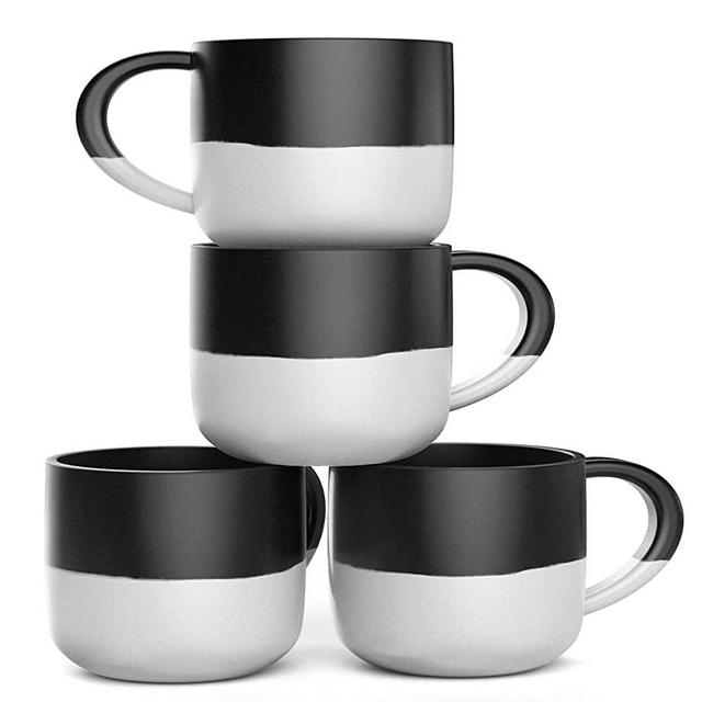 Set of 4 Jumbo 18oz Wide-mouth Soup & Cereal Ceramic Coffee Mugs (Black and White)