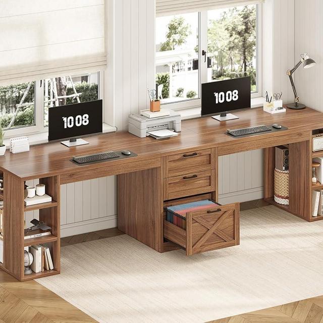 SEDETA Farmhouse 96.5" Computer Desk with Drawers, 2 Person Home Office Desk, Gaming Double Desk with Storage Shelves, Long Two Person Writing Desk, Brown