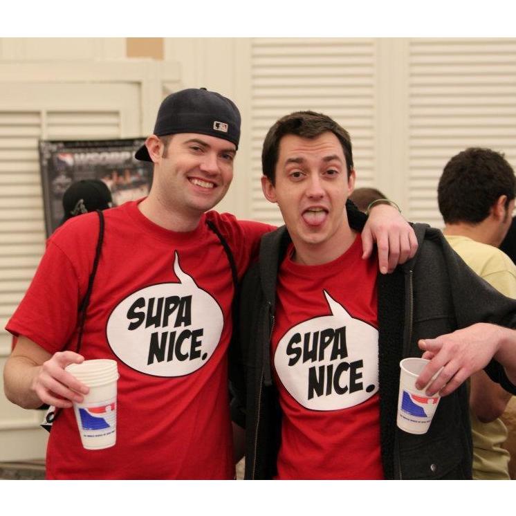 Tim & his best man, Steve competed in the World Series of Beer Pong a few times.. here they are with their team name: "SUPA NICE."