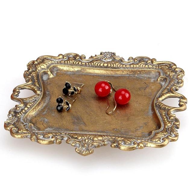 Vintage Gold Small Jewelry Tray Engagement Wedding Rustic Ring Dish Plate Antique Earring Necklace Tray Cute Trinket Dish Gift Decorative Little Jewelry Display Trays