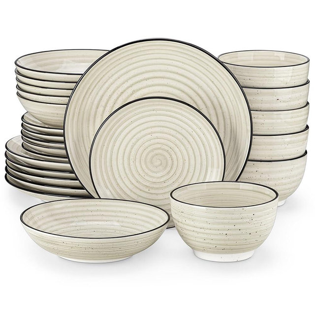 vancasso 24 Pieces Dinnerware Sets Bonbon Beige Dish Set for 6, Plates and Bowls Sets, Double-sided Handpainted Spirals Pattern Kitchen Dishes Dining Ware Set, Microwave & Dishwasher Safe