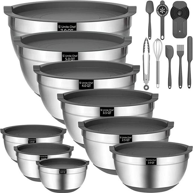 22Pcs Mixing Bowls with Airtight Lids, Umite Chef Stainless Steel Nesting Mixing Bowls Set for Baking, Prepping, Non-slip Silicone Bottom, Gray Bowls with Kitchen Gadgets for Mixing, Serving