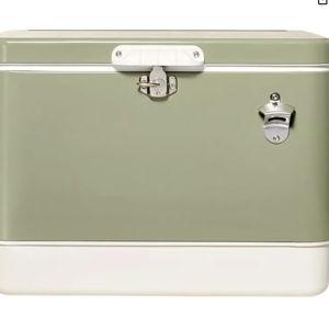 FSE Hard-Sided 54 Qt. / 80 Can Metal Cooler, Two-Tone, Durable Outdoor Beverage Cooler with Latch Closure, Plastic Lining, Side Handles, Portable Tailgating and Camping Ice Chest