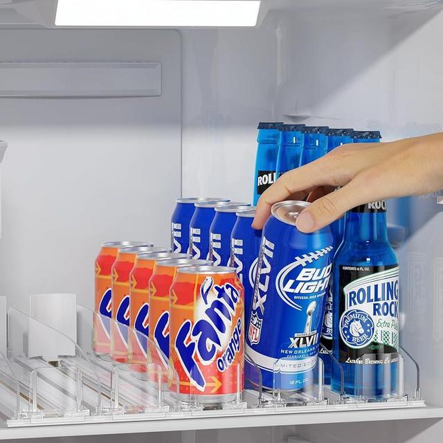 LAMU Drink Organizer for Fridge - [Stabilize-Speed Damper] Automatic Pusher Glide Soda Drink Can Dispenser Beverage Organizer for Refrigerator 14.96"D, Adjustable for 6-20oz (White 5)