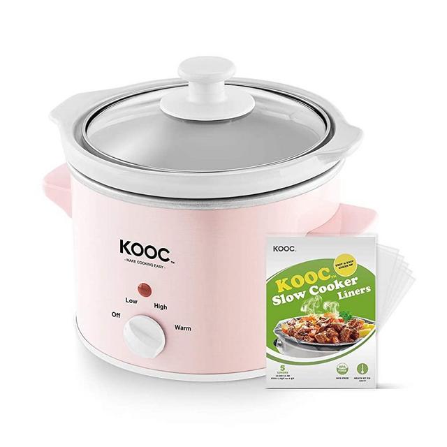 [NEW] KOOC Small Slow Cooker, 2-Quart, Free Liners Included for Easy Clean-up, Upgraded Ceramic pot, Adjustable Temp, Nutrient Loss Reduction, Stainless Steel, Pink, Round