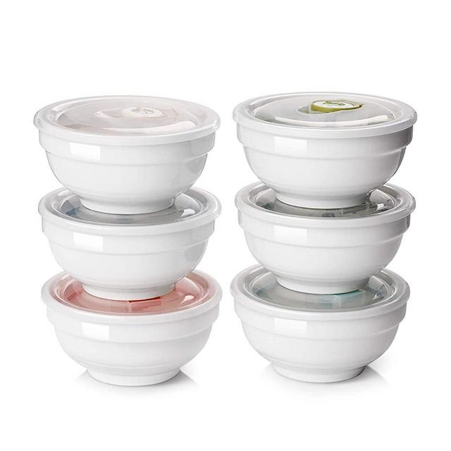 DOWAN 10 Ounces Small Bowls with Lids, Small Serving Bowls for Soup, Desserts, Snack, Storing, 6 Packs, White