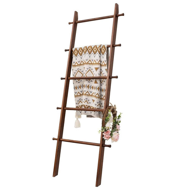 HYBDAMAI Blanket Ladder, 5-Tier Wooden Quilt Stand, Decorative Ladder Shelf, Farmhouse Ladder Blanket Holder, Wall Leaning Blanket Ladder Towel Storage Rack for Living Room, Brown