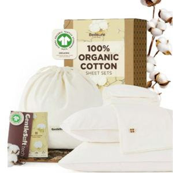 100% GOTS Certified Organic Cotton Sheets, Queen Sheet Set, 17" Deep Pocket Bedsheets with Corner Straps, Eco-Friendly, Soft, Breathable & Luxury PureWoven Cotton Hotel Bedding, 4PCS, Ivory