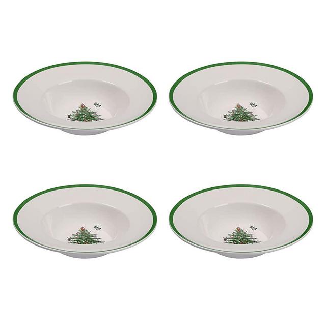 Spode Christmas Tree Collection Pasta Bowl, set of 4, Rimmed Plate for Serving Salad, Spaghetti, and Soup, 10-Inch, Made of Porcelain, Dishwasher, Microwave, and Freezer Safe