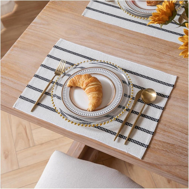 Caflife Boho Farmhouse Placemats Set of 6, Black Stripes Cotton Linen Woven Table Mats for Modern Dining Table, 13x19 Inch Rustic Kitchen Decor Place Mats