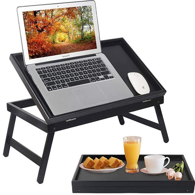 Bed Tray Table Breakfast Food Tray with Folding Legs Kitchen Serving Tray for Lap Desks Notebook Computer Bed Platters TV Snack Tray (Black)