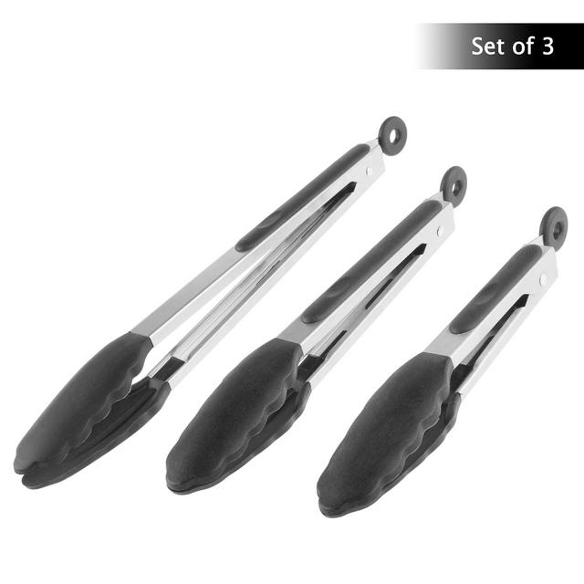 Kitchen Tongs, Stainless Steel with Non-Stick Silicone Tips, Set of 3 Utensils for Cooking, Barbecue, Grilling, Serving, Salad by Classic Cuisine