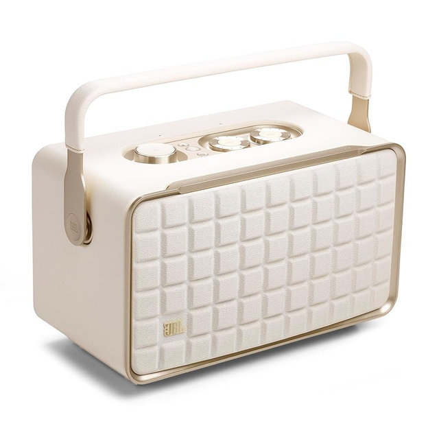 JBL Authentics 300 - Retro Style Wireless Bluetooth/WiFi Home Speaker, Built in Battery (4800mAh), Music Streaming Services via Built-in Wi-Fi, Built in Alexa and Google Assistant (White/Gold)