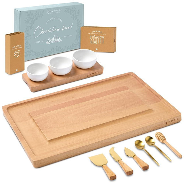 Grazerie Charcuterie Boards Gift Set - Beech Wood Serving Tray with Side Handles, Bowl Serving Board, and Knife Set with Bowls for Entertaining - 11 Piece Set
