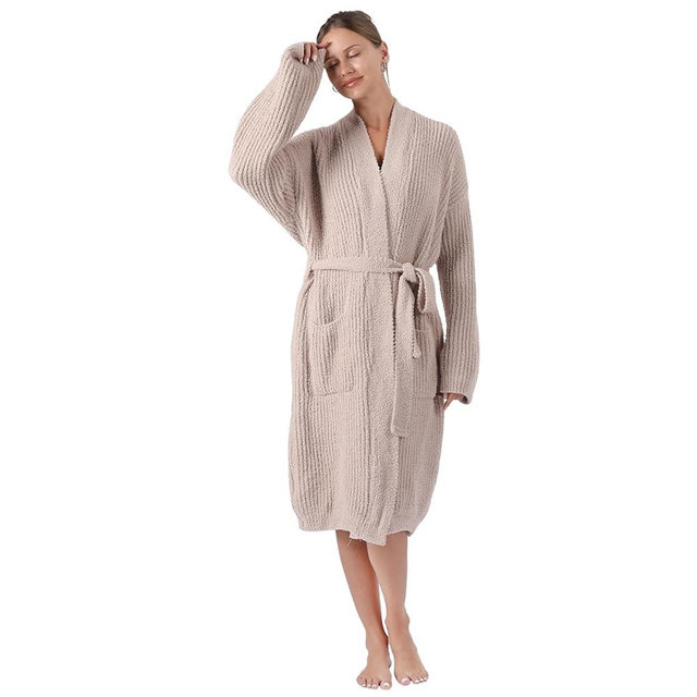 bearberry Cozy Robe Lightweight Soft Plush Robe Vertical Bar Hoodless Sleepwear Nightgown with Pockets for Women
