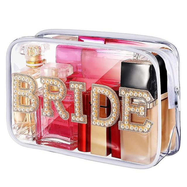 Bride Clear Makeup Bag Bride Cosmetic Bag Mrs Pearl Makeup Bags Rhinestone Letter PVC Cosmetics Bag Travel Case Toiletry Bags Bride Purse Makeup Pouch Portable Transparent Storage Bag (BRIDE Style)