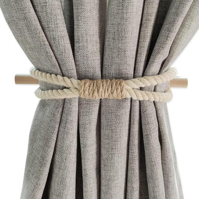 Curtain Holdbacks Boho Tiebacks for Drapes, Farmhouse Jute Rope Cotton Tie Backs with Rustic Wood Club, Curtain Accessories Holders for Indoor Outdoor Use, Set of 4