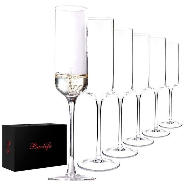 BACLIFE Crystal Champagne Flutes Set of 6 - Hand Blown Italian Style Champagne Glasses with Long Stem - Elegant Sparkling Wine Stemware - Unique Gift for Birthday,Wedding, Anniversary - 7 oz, Clear