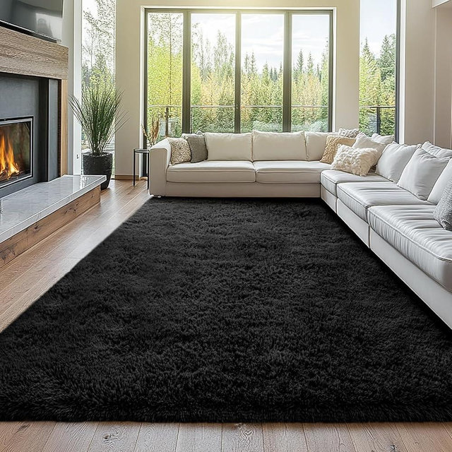 Black Shag Area Rug 9x12 Bedroom: Large Soft Shag Plush Rugs for Living Room Bedroom- Non-Slip Modern Shaggy Fluffy Rugs- Plush Indoor Floor Carpets, Black, 9x12 Feet