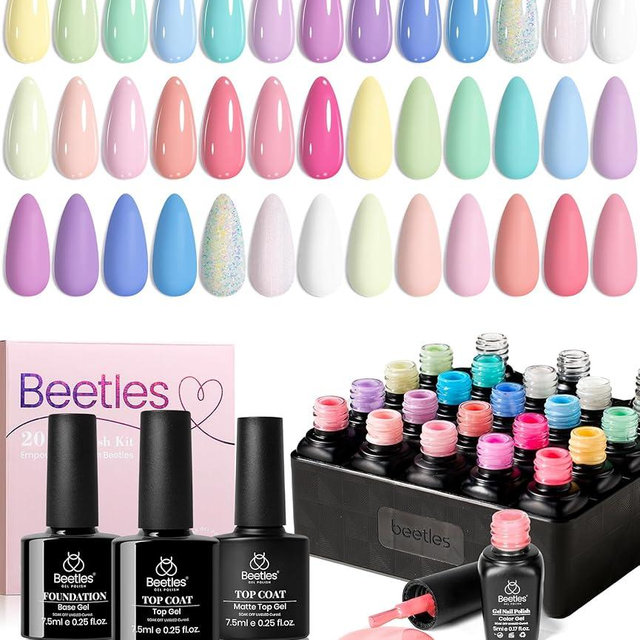 beetles Pastel Gel Polish Set - 20 Colors Spring Gel Nail Kit Dreamy Town Collection Macaroon Pink Yellow Green Blue Glitter Manicure Kit with 3Pcs Base Top Coat Uv LED Easter Gifts for Women