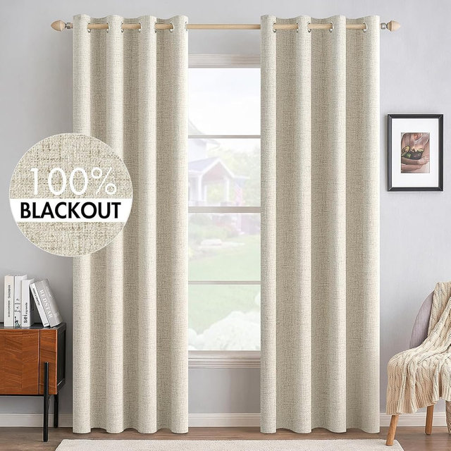 MIULEE 100% Blackout Linen Textured Curtains for Bedroom Solid Thermal Insulated Cream Grommet Room Darkening Curtains & Drapes Luxury Decor for Living Room 52 x 108 Inch (2 Panels)