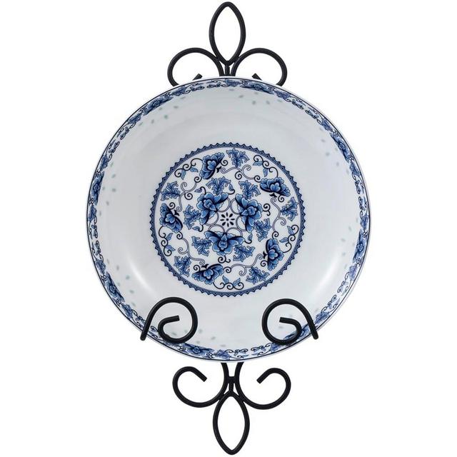 MyGift Small Wall Mounted Metal Wire Vertical Collectible Plate Holder in Matte Black Finish, Decorative Vintage Scrollwork Hanging Rack Holds Single 5.5 to 8 Inch Plates