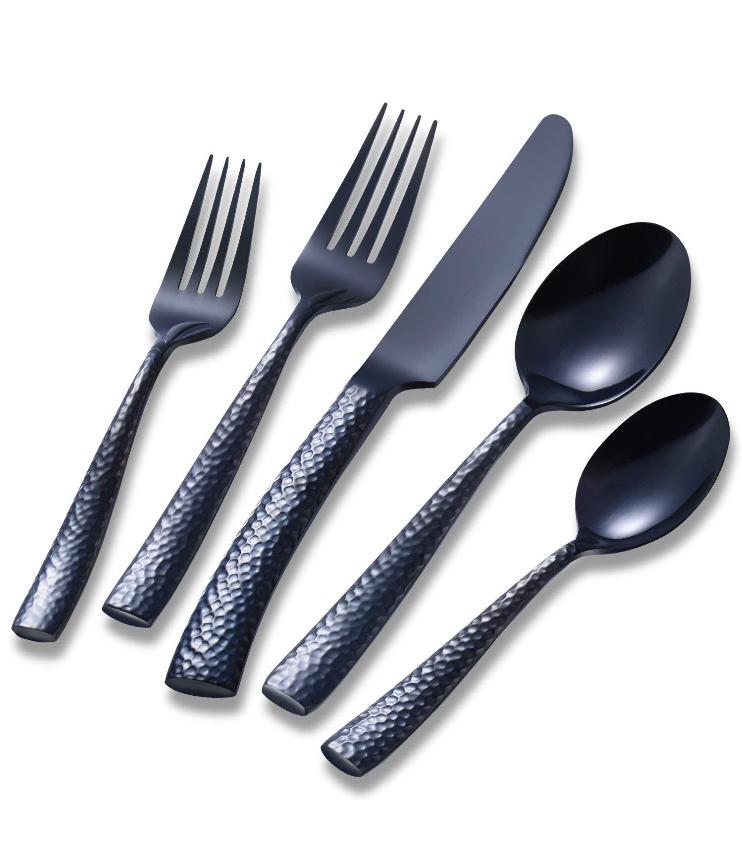 Flatasy Flatware Set Black Silverware Cutlery Set Hammered Mirror 20 Piece Service for 4 Home Kitchen Restaurant Hotel Use