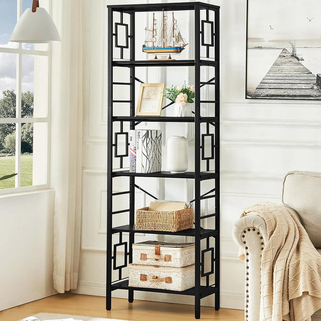 HOMISSUE Tall Bookshelf, Industrial Bookshelf with Metal Frame and Open Shelves, 6 Tier Metal Bookshelves and Bookcases, Rustic Bookcase, Tall Book Shelf for Office, Living Room and Bedroom, Black