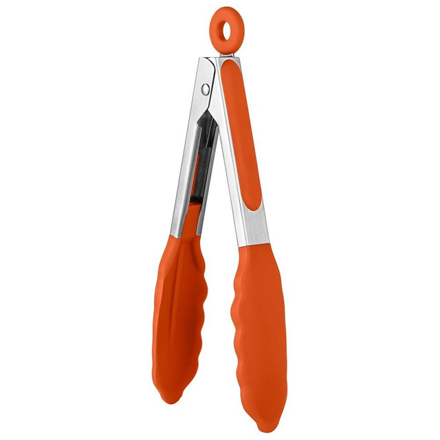 600ºF Heat Resistant Kitchen Tong: U-Taste 7 inch Silicone Cooking Tong with Firm Sealed Non Stick Rubber Tips & Silicon Coated 18/8 Stainless Steel Handle & Smooth Locking for Serving Salad (Orange)