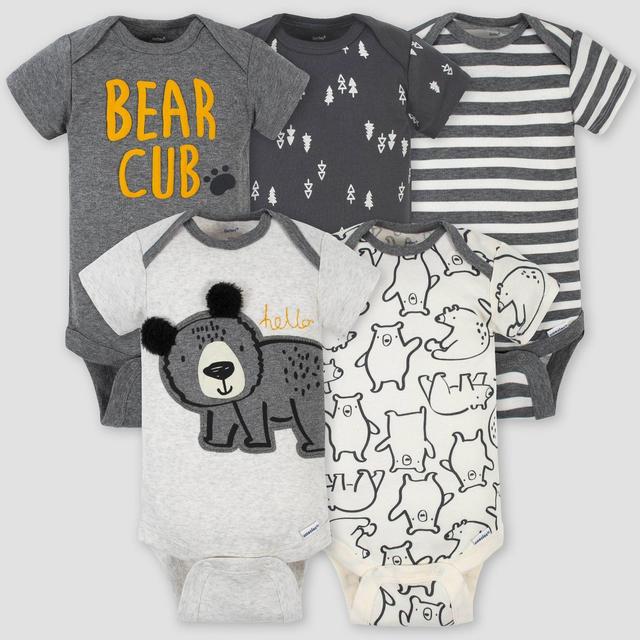 Gerber Baby Boys' 5pk Bear Short Sleeve Onesies - Gray/White Newborn