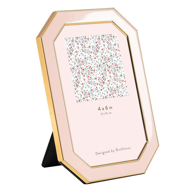 RICHFOCUS 4x6 Enamel Picture Frame with HD-Tempered Glass, Octagon Photo Frame with Gold Metal Edge and Velvet Back for Tabletop and Wall Mount Display, Pink