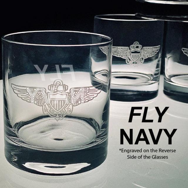 Fly Navy - Naval Aviator Badge Whiskey Glasses - Set of 4, Pilot Gift, Pilot Wings, USN, Father's Day Gift, Ball Gift, The Blue Angels, Wing