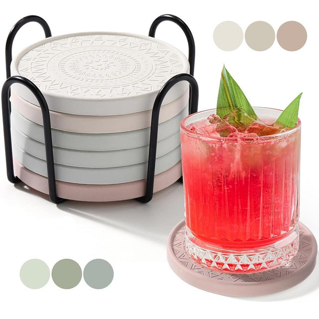 Photect Diatomaceous Earth Coasters Set with Holder Absorbent Stone Drink Coasters Instant Drying Tray for Tabletop Protection Home Decoration Housewarming Gift(Mint,6 Pcs)